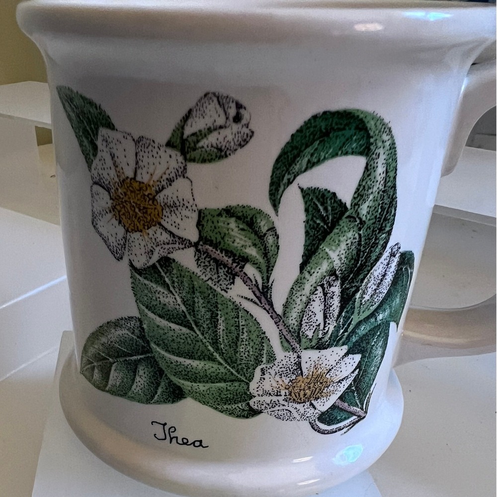Lauffer Thea Botanical Tea History Mug White Ceramic Floral Boston Tea Party